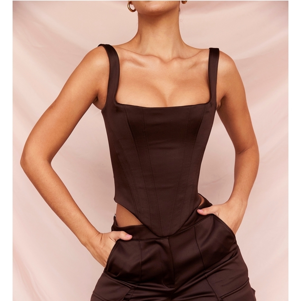 HOUSE OF CB Rafa Corset Chocolate Satin Top Small
